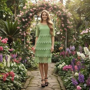 Badgley Mischka Green Sheer Lace Tiered Sequins Cocktail Dress (Plus-1X) NWT